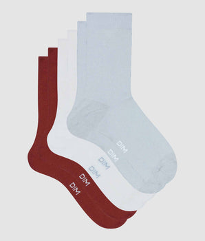 3er-Pack Damensocken aus Baumwolle hellblau/weinrot/weiß - Basic Cotton