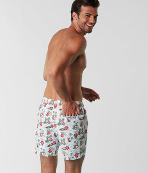 Weiße Badeshorts aus Canvas mit Surfer-Print