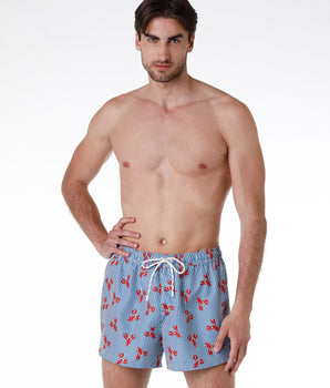 Blau gestreifte Badeshorts mit Hummer-Print