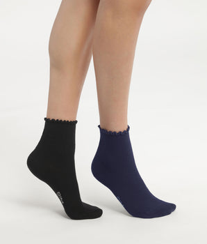 2er-Pack Damensocken mit Rüschen schwarz/dunkelblau - DIM Modal