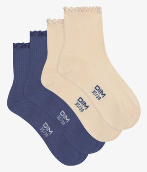 2er-Pack Damen-Socken mit Rüschen aus Modal in Blau und Creme – DIM Modal





