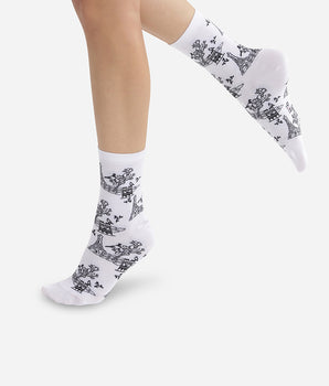 Weiße Damensocken aus Baumwolle mit Paris-Print – Made in France