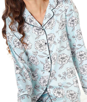 Aquamarinblaues Pyjama-Set aus Satin mit Blumen-Print