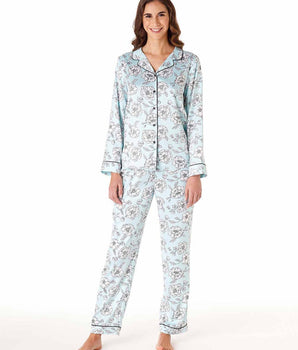 Aquamarinblaues Pyjama-Set aus Satin mit Blumen-Print