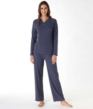 Langes Loungewear-Set blau gerippt