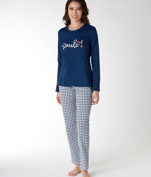 Langes Pyjama-Set mit Flanell-Print "Smile"