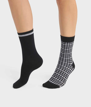 2er-Pack schwarze Damensocken aus Baumwolle mit Vichy-Muster - Cotton Style