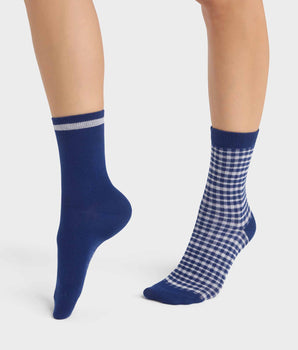 2er-Pack königsblaue Damensocken aus Baumwolle mit Vichy-Muster - Cotton Style