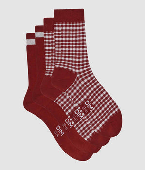 2er-Pack weinrote Damensocken aus Baumwolle mit Vichy-Muster - Cotton Style