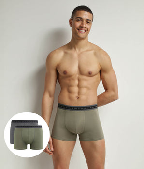 2er-Pack Herren-Boxershorts aus anthrazitfarbener und grüner Bio-Baumwolle. Dim Good