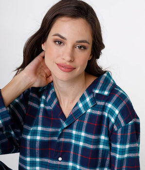 Langes Pyjama-Set aus Flanell, mit blau-grünem Karomuster