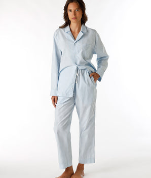 Unisex Blau Gestreiftes Langarm-Pyjama aus Baumwollcanvas