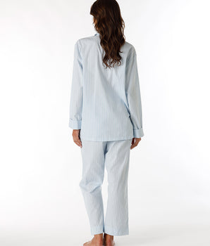 Unisex Blau Gestreiftes Langarm-Pyjama aus Baumwollcanvas