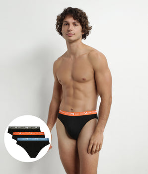 3er-Pack Herren-Slips Schwarz mit Gürtel Orange/Grün aus Stretch-Baumwolle