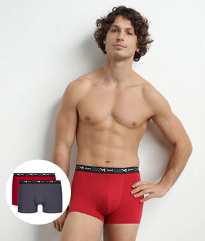 2er-Pack Herren-Boxershorts Grau/Rot mit Kontrastgürtel aus Stretch-Baumwolle