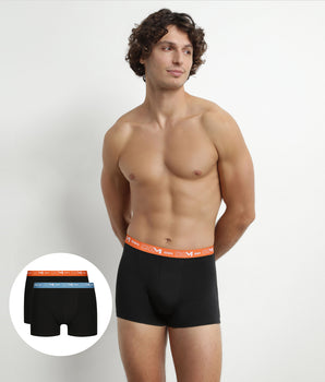 2er-Pack Herren-Boxershorts Schwarz mit blauem und orangefarbenem Bund aus Stretch-Baumwolle